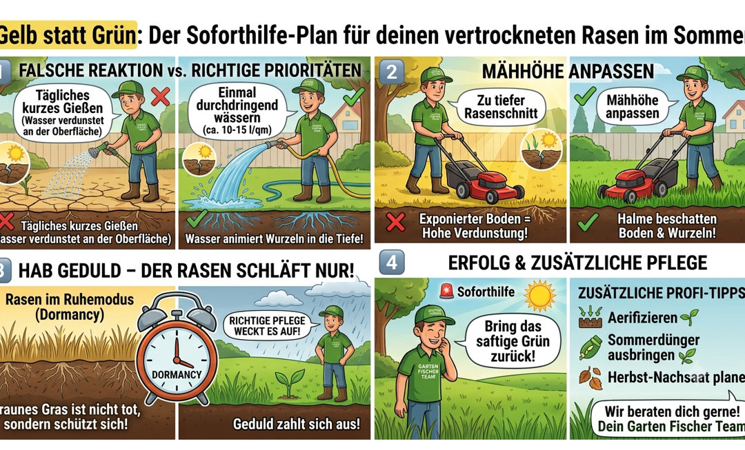 Gelb statt Grün: Der Soforthilfe-Plan für deinen vertrockneten Rasen im Sommer