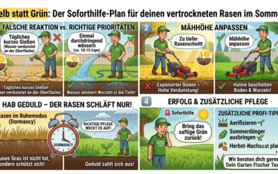Gelb statt Grün: Der Soforthilfe-Plan für deinen vertrockneten Rasen im Sommer
